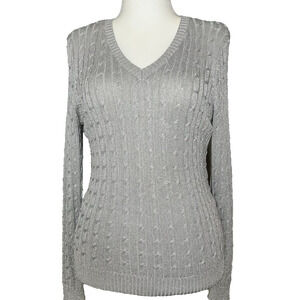 Charter Club Womens Sweater Gray Silver Silk V-neck Pullover Lightweight Medium